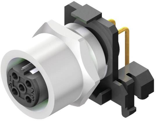3D model elektronického konektora s okrúhlym puzdrom a viacerými zásuvkami, obklopený čiernymi plastovými komponentmi.