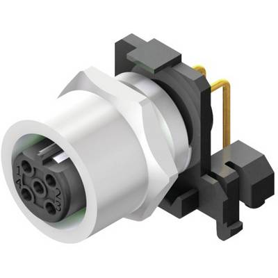 3D model elektronického konektora s okrúhlym puzdrom a viacerými zásuvkami, obklopený čiernymi plastovými komponentmi.