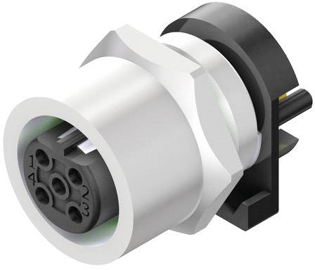 Valcový, strieborný elektronický konektor s viacerými kruhovými kolíkmi, ktorý sa používa na elektrické prepojenia.