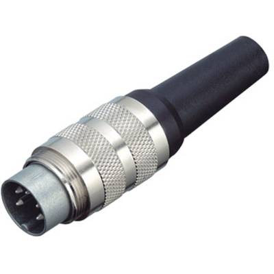Guľatý kovový konektor s viacerými kolíkmi, vhodný pre elektronické prepojenia. Rukoväť je čierna a vrúbkovaná.