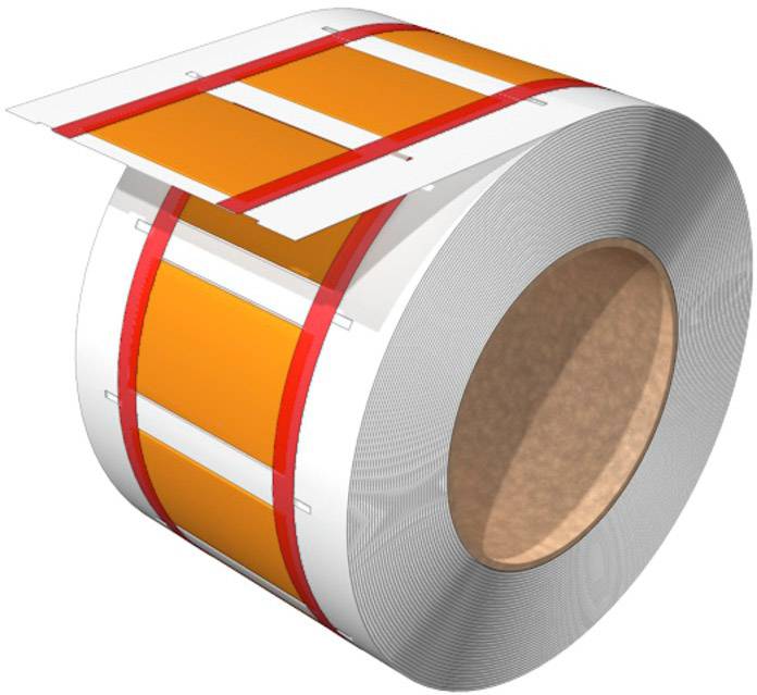 Veľká rolka z oranžového povrstveného materiálu s červenými značkami. Vhodná pre priemyselnú výrobu alebo balenie.