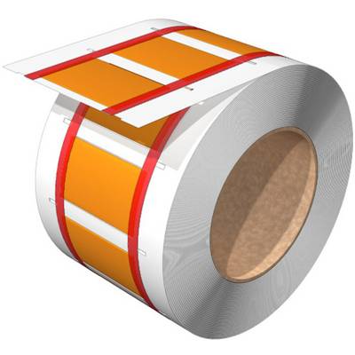 Veľká rolka z oranžového povrstveného materiálu s červenými značkami. Vhodná pre priemyselnú výrobu alebo balenie.