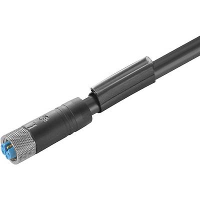 Čierne okrúhle kábel so zásuvkou s modrým konektorom a čiernou rukoväťou, vhodný pre priemyselné alebo elektronické aplikácie.