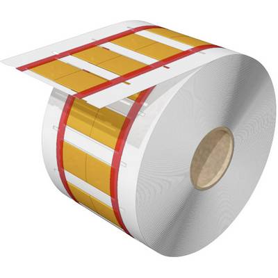 Veľká rolka so žltými a bielymi etiketami, oddelenými červenými líniami, pripravená na označovanie produktov.