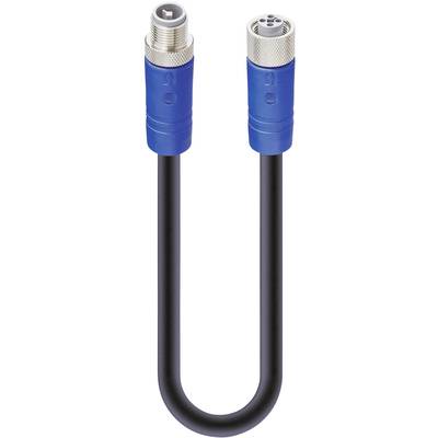 Čierny kábel s modrými konektormi na oboch koncoch, vhodný na prepojenie elektronických zariadení.