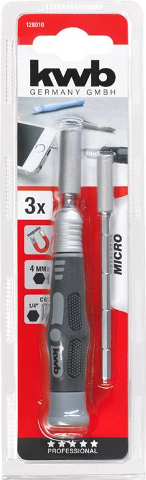 Mikro sada skrutkovačov s gumeným držadlom, magnetickým hrotom, Torx hlavou, 3 výmennými bitmi, vhodná pre presné práce.