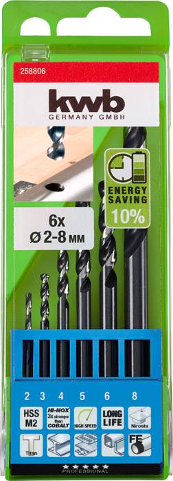 Sada šiestich kovových vrtákov s priemerom od 2 do 8 mm. S HSS M2 špičkou, energeticky úsporná. Balenie so zelenými a modrými akcentmi.