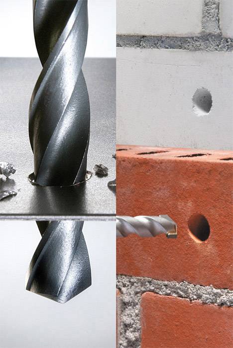 'Obrázok ukazuje vŕtačku pri vŕtaní do kovu a tehly. Vľavo: Kov s trieskami. Vpravo: Vŕtačka prebíja tehlu.'