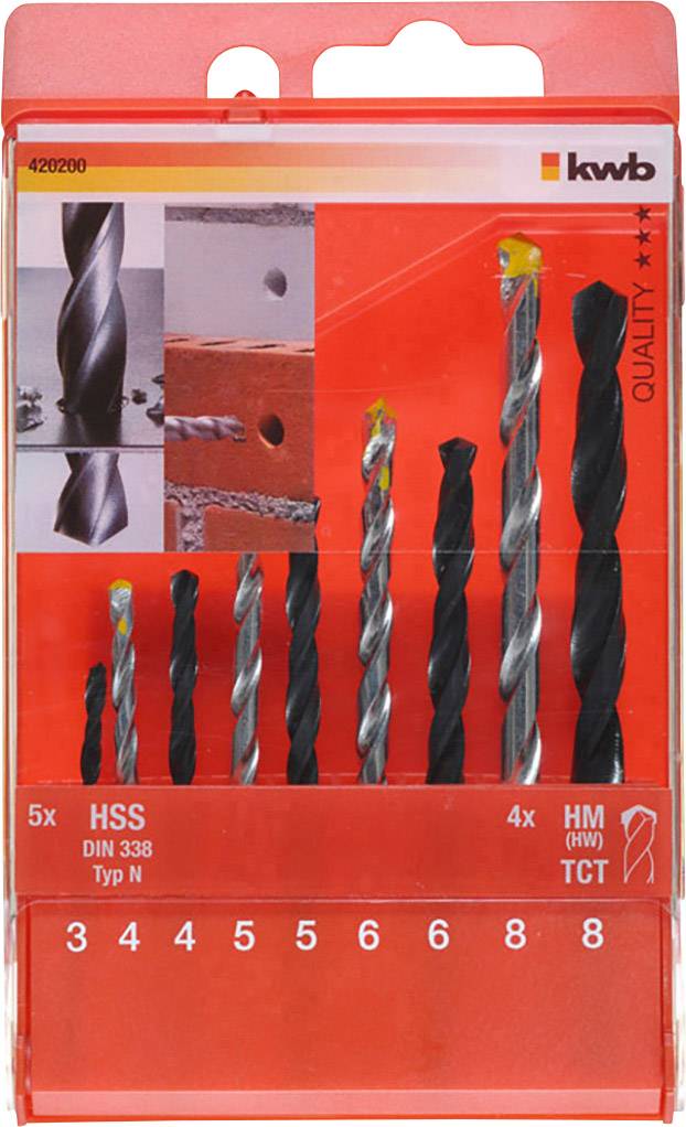 Balenie obsahujúce osem rôznych špirálových vrtákov na kov a betón, označených ako HSS a HM. Názov výrobcu v hornom pravom rohu.