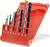 Červené púzdro s kompletnou sadou 10 vrtákov v rôznych veľkostiach, od 3 do 8 milimetrov, umiestnených v šikmom držiaku.