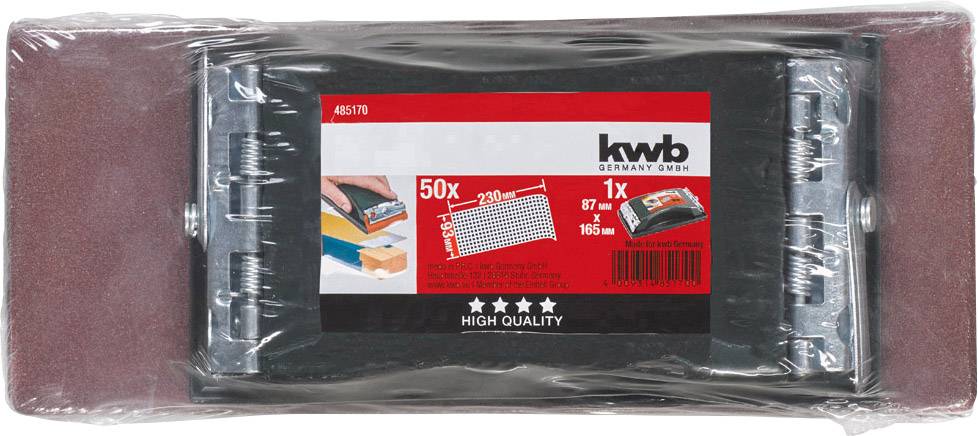 Sada brúsnych blokov s 50 brúsnymi listami (87 mm x 165 mm) od spoločnosti KWB Germany GmbH, zobrazená v pôvodnom obale.