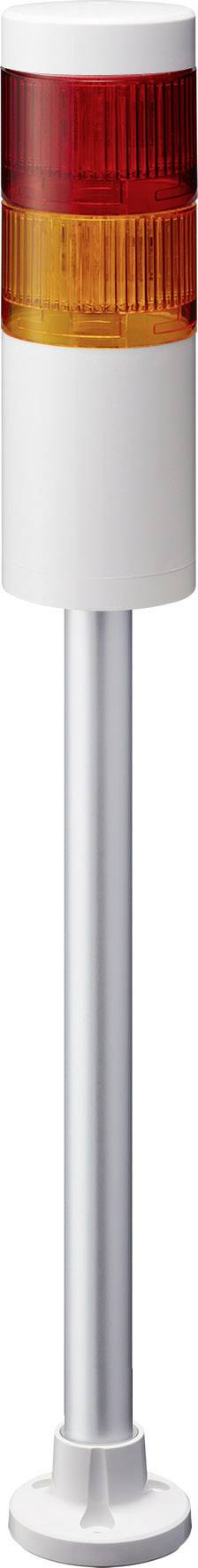 Biela signálna lampa s červeno-žltým dvojitým svetlom na dlhej tyči, používaná na vizuálne signalizovanie stavu strojov.