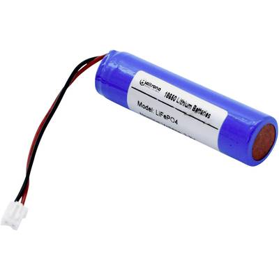 Modrý lítium-iónový akumulátor s káblami a bielou pripájacou koncovkou. Na nálepke je napísané „18650 Lithium Battery".
