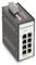 Priemyselný ethernetový switch s 8 portami, namontovaný na DIN lište, určený na spoľahlivé prepojenie v priemyselných sieťach.