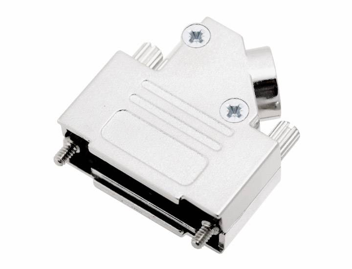 Kovový konektor s dvoma skrutkami na hornej strane a vrúbkovanou rukoväťou. Používa sa na prepájanie elektronických zariadení.