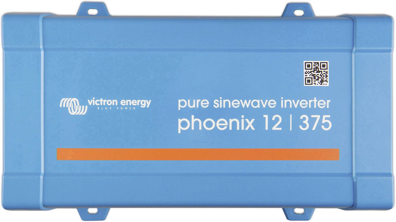Modrý menič napätia s nápisom 'Victron Energy pure sinewave inverter phoenix 12 | 375' a QR kódom.