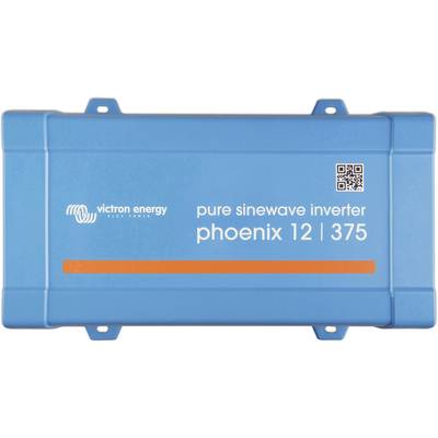 Modrý menič napätia s nápisom 'Victron Energy pure sinewave inverter phoenix 12 | 375' a QR kódom.