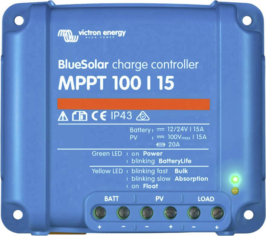 Modrý solárny regulátor nabíjania 'BlueSolar MPPT 100 | 15' od Victron Energy zobrazuje technické špecifikácie a LED stavové indikátory.