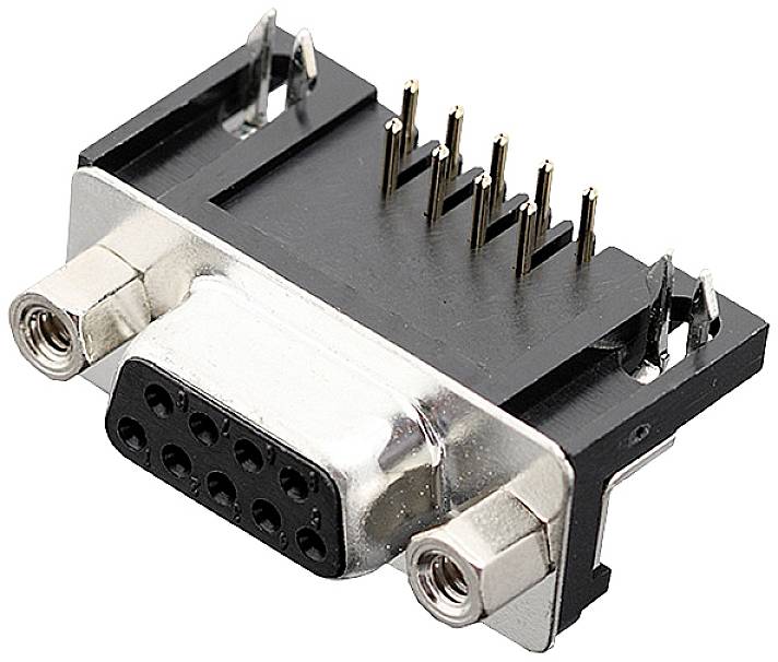 Čierny, obdĺžnikový 9-pinový sub-D konektor, často používaný pre sériové pripojenia v elektronike.