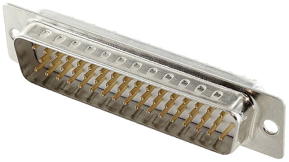 Strieborný, obdĺžnikový D-Sub konektor s viacerými zlatými kontaktnými kolíkmi, typicky používaný pre elektronické prepojenia.