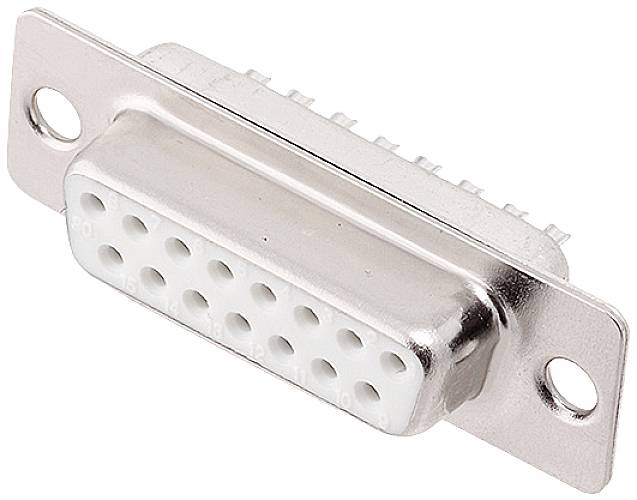 Strieborný D-Sub konektor s 15 otvormi, typický pre sériové pripojenia, pred bielym pozadím.