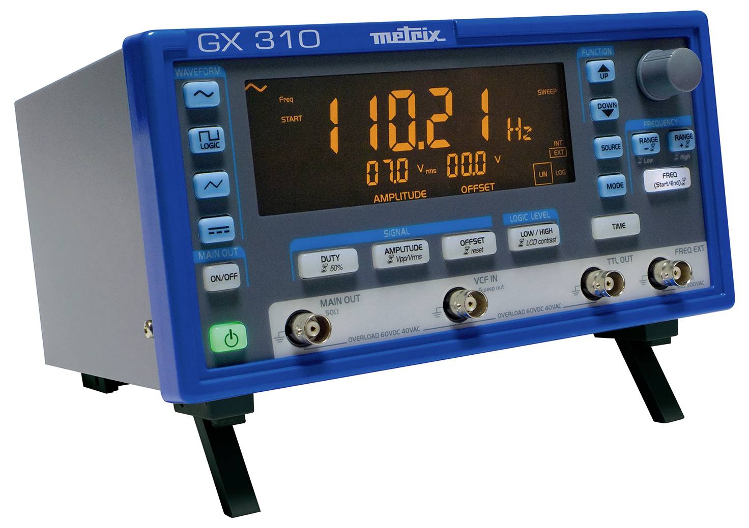 Modré elektronické meracie zariadenie s digitálnym displejom zobrazuje '110,21 Hz'. Tlačidlá a konektory na prednej strane. Model: GX 310.