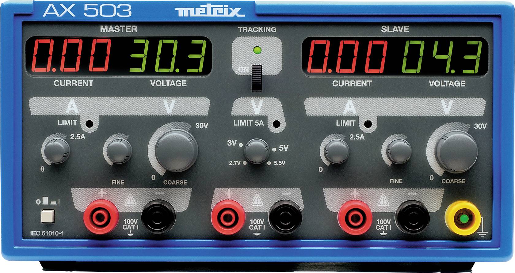 Laboratórny sieťový zdroj 'AX 503' s dvoma digitálnymi displejmi pre napätie a prúd, viacerými otočnými regulátormi a zásuvkami pre meracie prístroje.