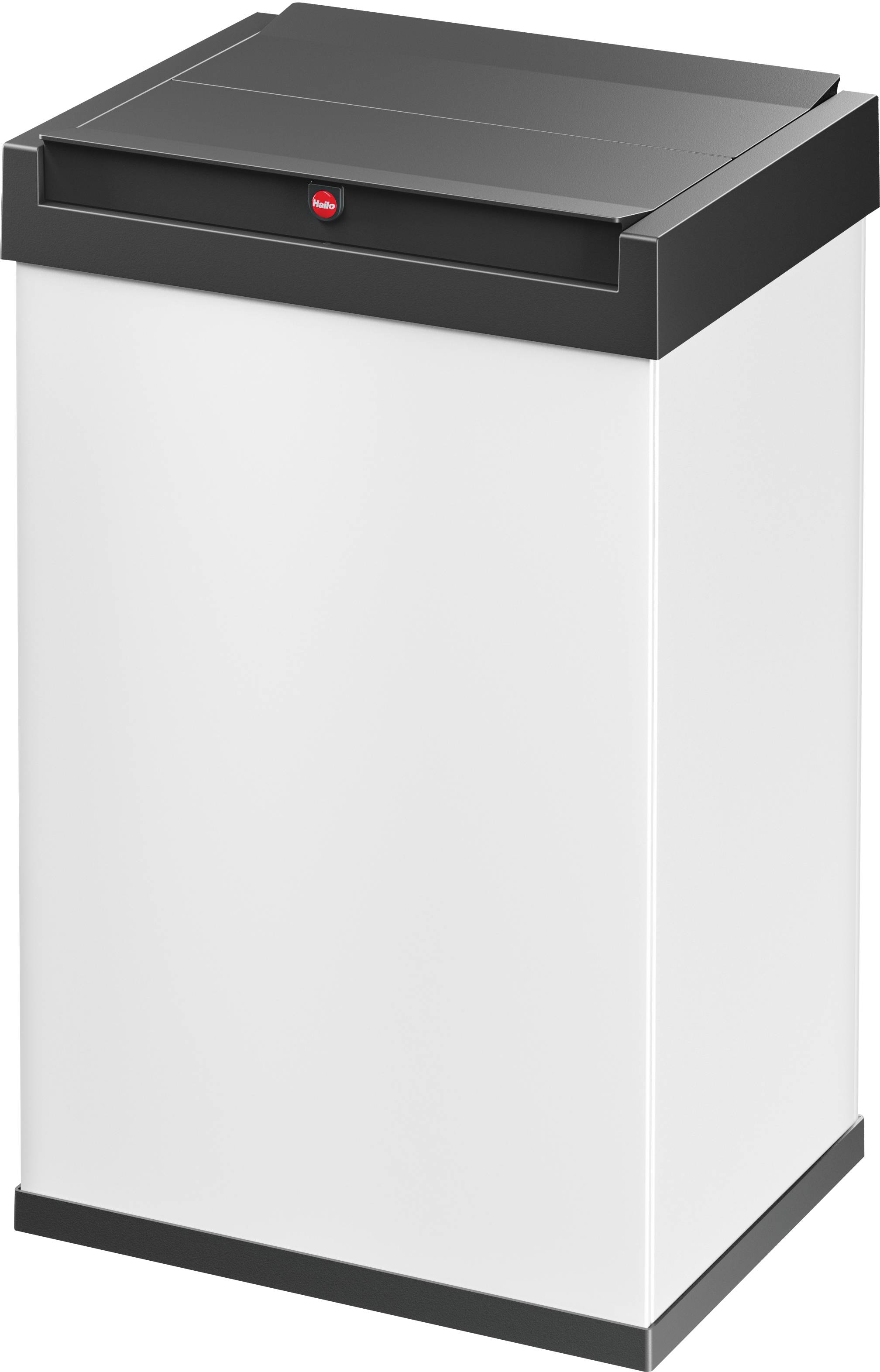 Biely obdĺžnikový odpadkový kôš s čiernym vekom, umiestnený samostatne pred neutrálnym pozadím.