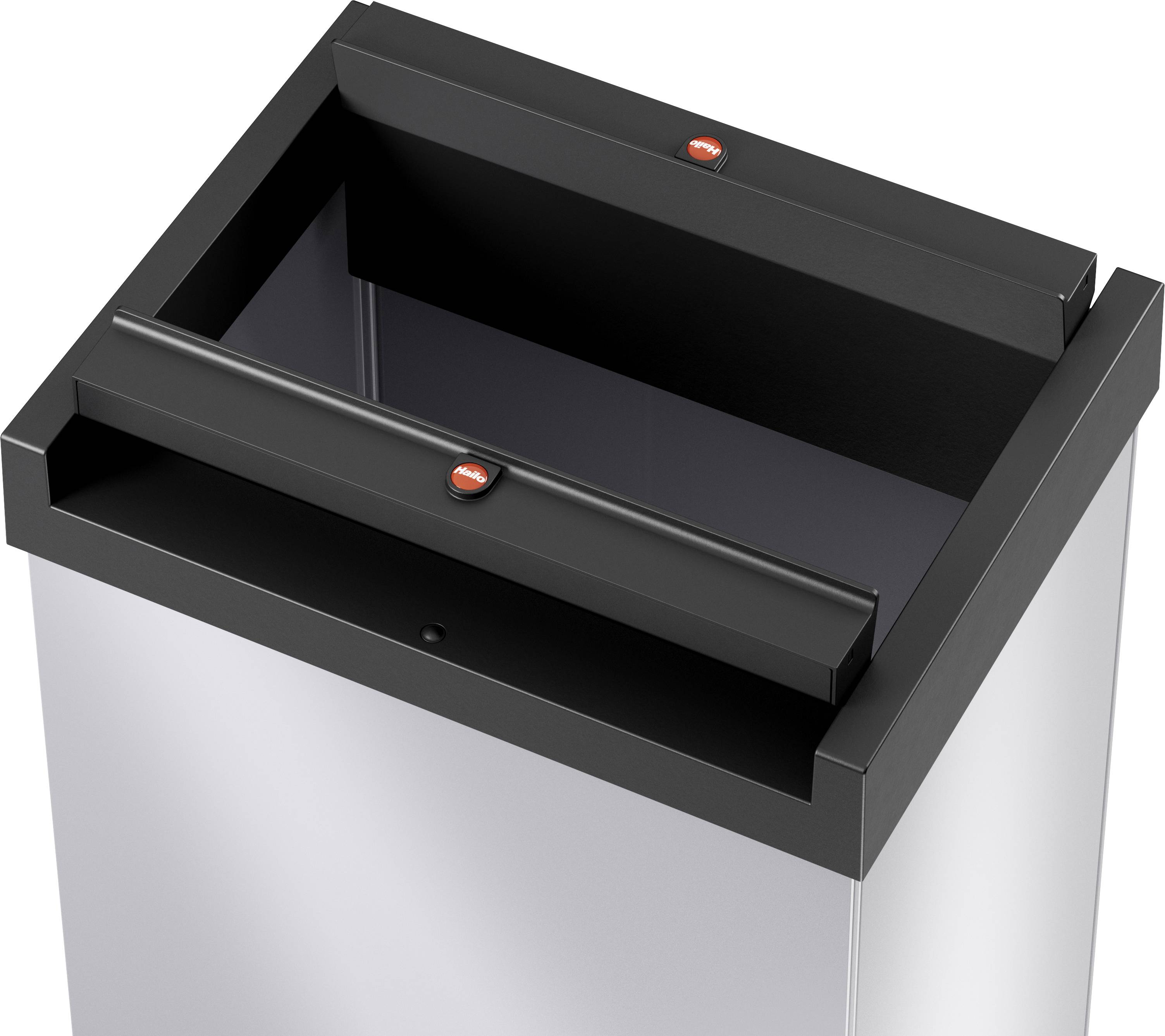 Odpadkový kôš s obdĺžnikovým otvorom a čiernym lemom. Vhodný na papier a recyklačný materiál, často používaný v kanceláriách.