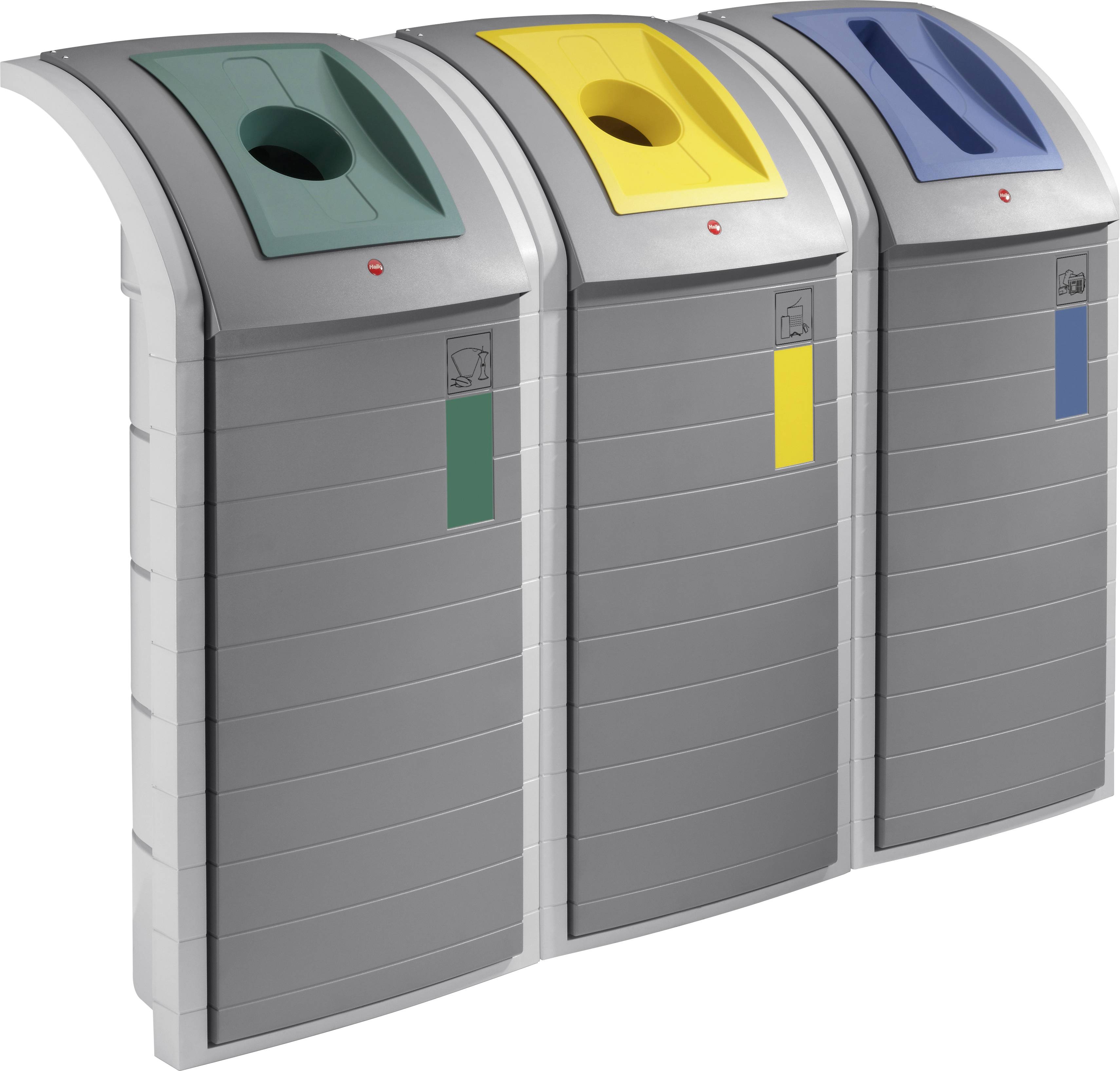 Tri vedľa seba stojace odpadové nádoby v zelnej, žltej a modrej farbe na triedenie odpadu pre papier, plast a sklo.