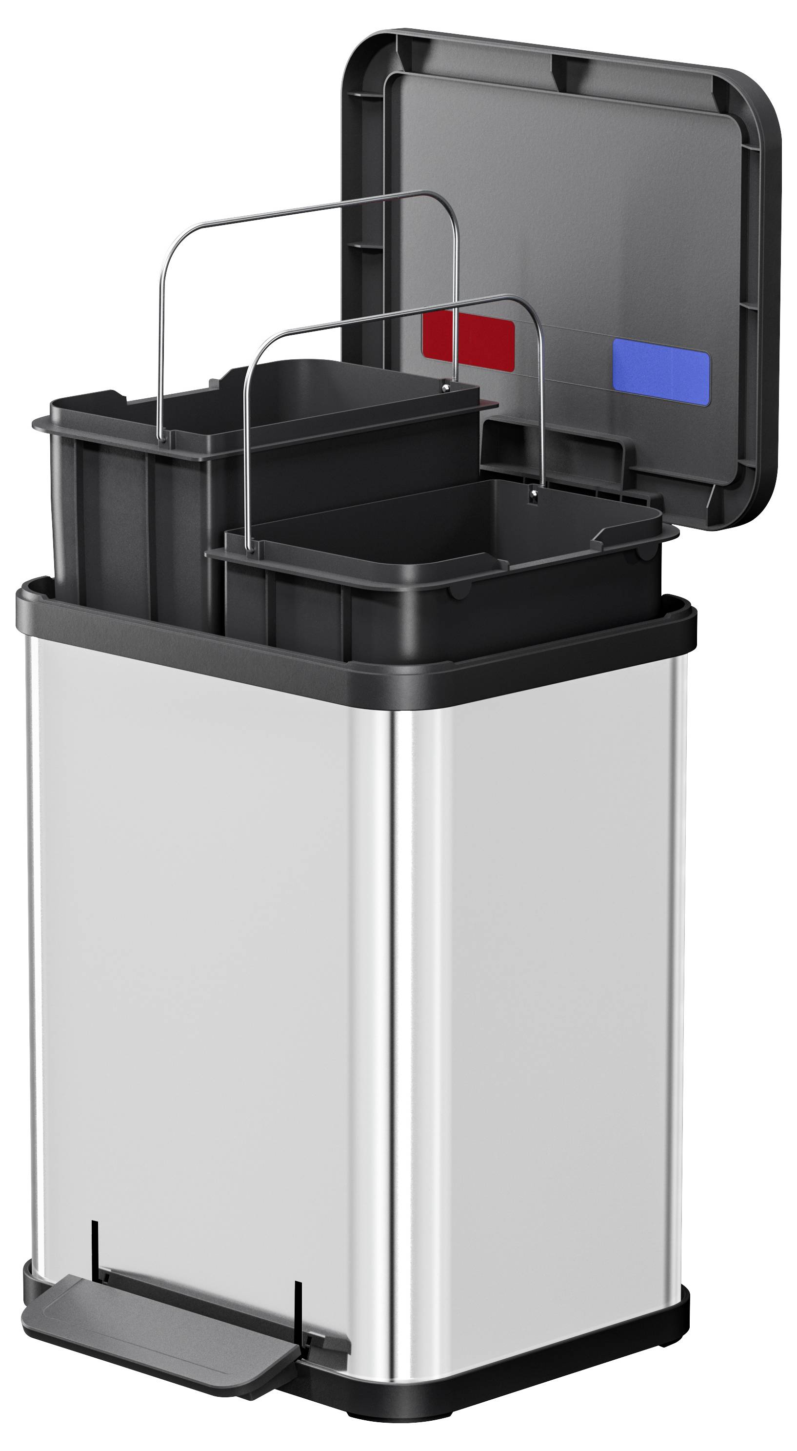 Odpadkový kôš s dvoma priehradkami, jedna s červenou a druhá s modrou nálepkou pre separovaný zber odpadu. Veko je otvorené, šliapací pedál je viditeľný.