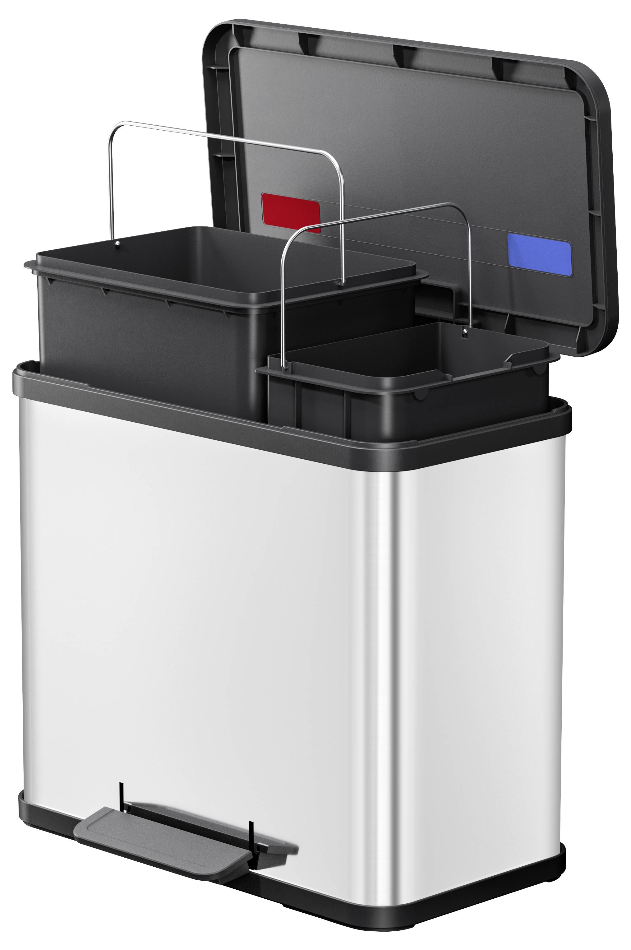 Odpadkový kôš s dvoma oddelenými priehradkami a pedálom na otváranie. Každá priehradka je farebne označená pre účely recyklácie.