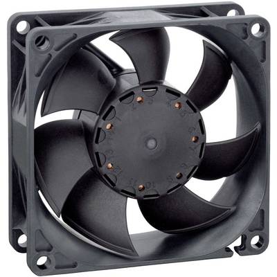 Čierny počítačový ventilátor so siedmimi lopatkami rotora v obdĺžnikovom ráme. Používa sa na chladenie elektronických zariadení.