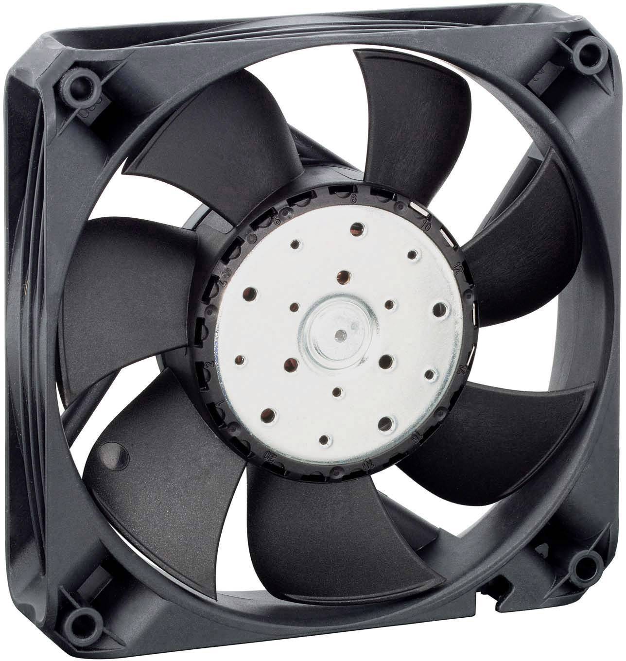Čierny počítačový ventilátor so siedmimi krídlami v štvorcovom ráme, určený na chladenie hardvérových komponentov.