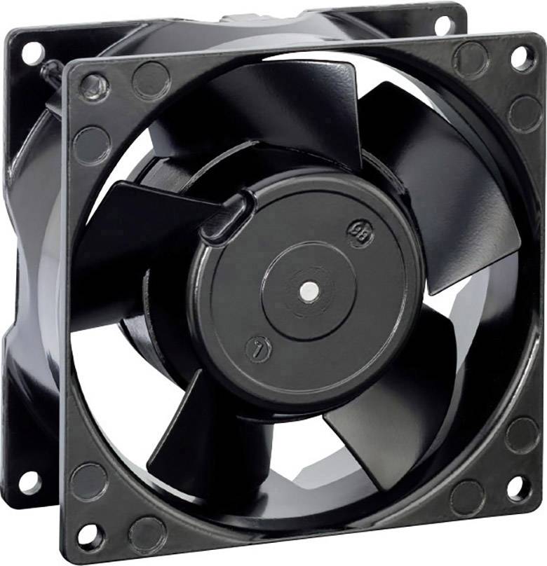 Čierny axiálny ventilátor s piatimi kovovými lopatkami, namontovaný v štvorcovom ráme. Používaný na chladenie alebo ventiláciu.