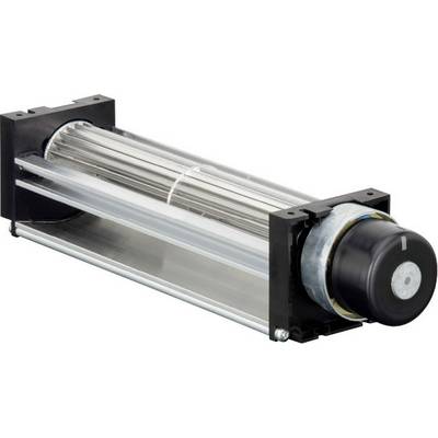 Strieborný axiálny ventilátor s čiernym krytom, valcovým motorom a priehľadnými lopatkami vyčnievajúcimi z boku.