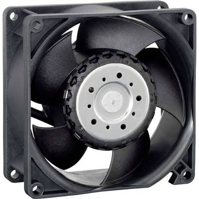 Čierny počítačový ventilátor s piatimi lopatkami, namontovaný vo štvorcovom ráme, slúži na chladenie elektronických zariadení.