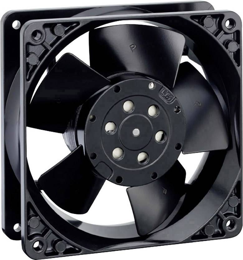 Čierny ventilátor s piatimi lopatkami, namontovaný v obdĺžnikovom ráme. Používa sa na chladenie elektronických zariadení.