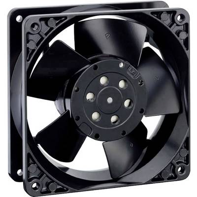 Čierny ventilátor s piatimi lopatkami, namontovaný v obdĺžnikovom ráme. Používa sa na chladenie elektronických zariadení.