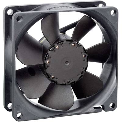 Čierny ventilátor skrine so siedmimi lopatkami a štvorcovým rámom. Ventilátor sa používa na chladenie elektroniky.