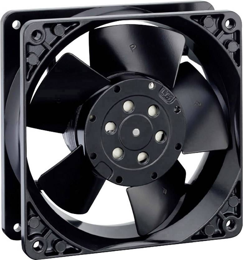 Čierny počítačový ventilátor s piatimi rotačnými listami a obdĺžnikovým rámom, ktorý sa často používa na chladenie počítačov.