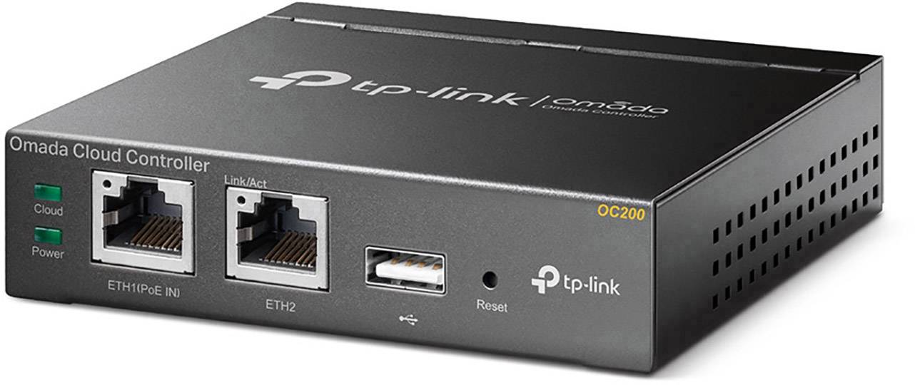 Kompaktný, čierny sieťový kontrolér 'Omada Cloud Controller OC200' od TP-Link s dvomi ethernetovými portami a USB portom vpredu.