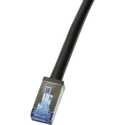Čierna ethernetová sieťová kábel s kovovým tienením a modrým plastovým konektorom na jednom konci.