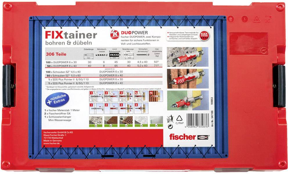 Červený FIXtainer kufrík od Fischer. Obsahuje 306 kusov: hmoždiniek, skrutiek. Vhodný pre stavebné materiály. Ideálny pre rôzne vŕtacie a kotviace projekty.