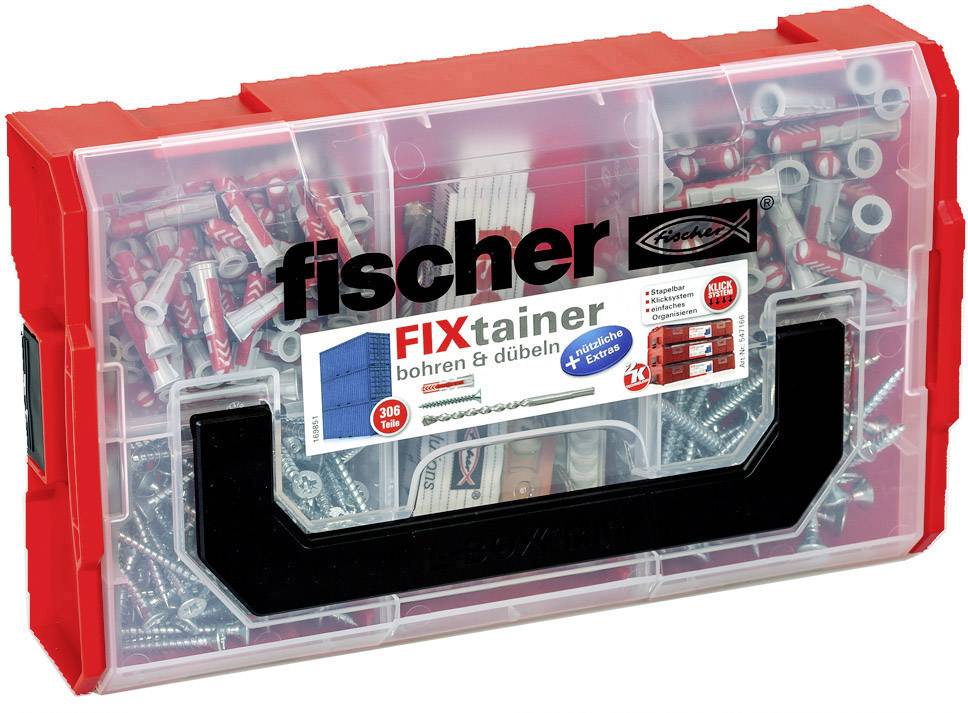 Červený plastový box s označením 'fischer FIXtainer vŕtanie & hmoždinky', naplnený rôznymi hmoždinkami a skrutkami.