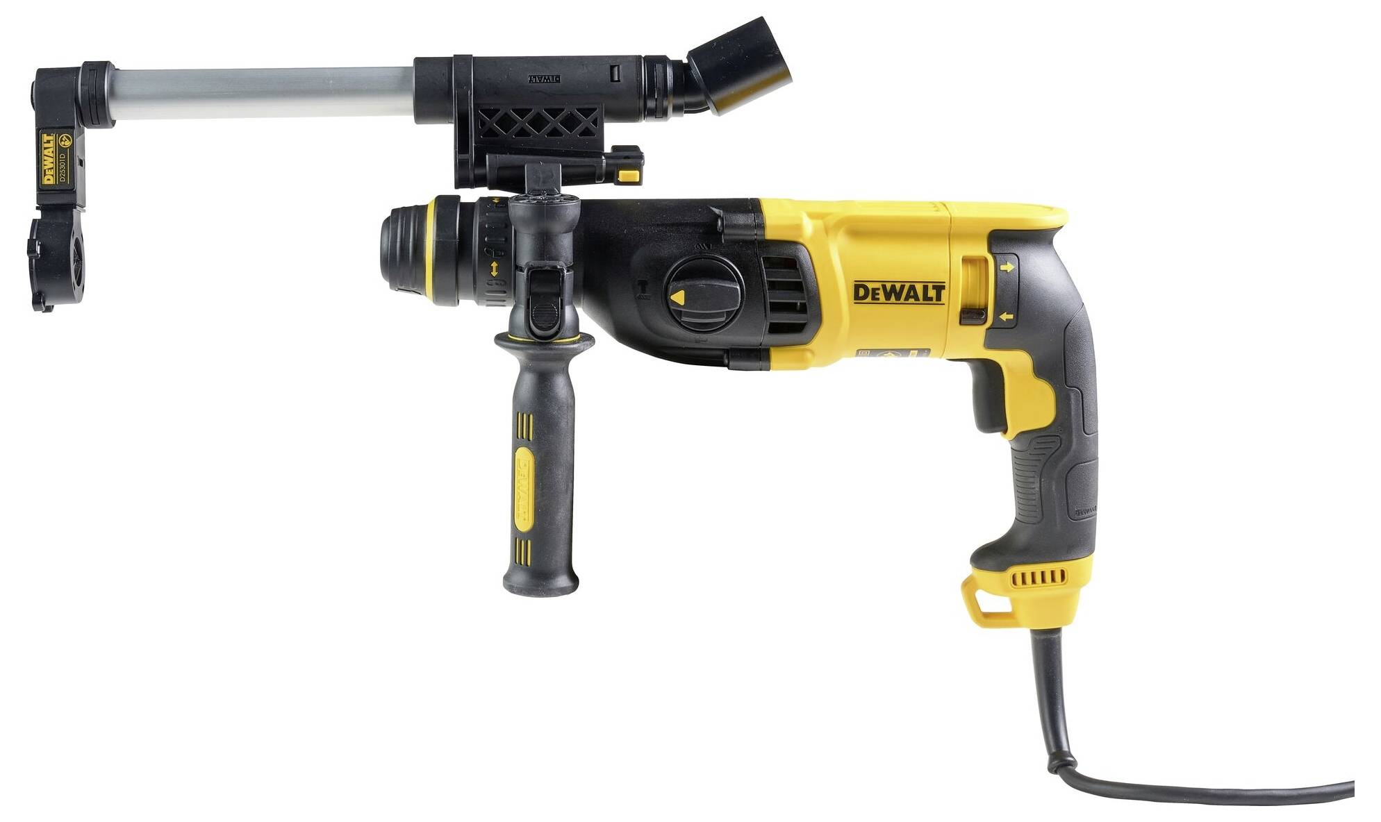 Nástavec na vŕtačku pre prácu bez prachu na žltej a čiernej káblovej vŕtačke.