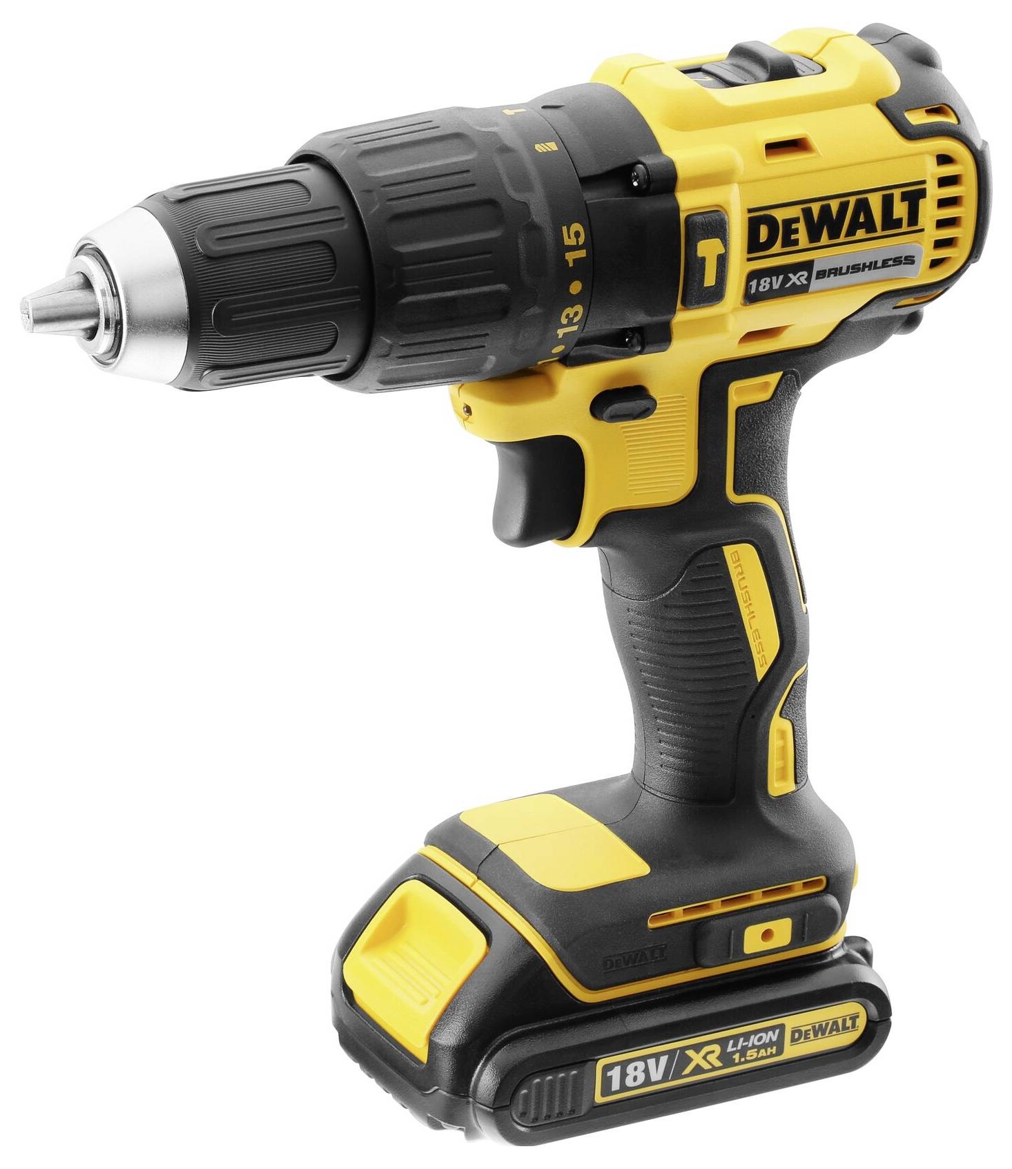 Žltý a čierny akumulátorový skrutkovač s vŕtačkou s ergonomickou rukoväťou a 18V XR Li-Ion akumulátorom, vhodný pre stavebné a domáce práce.