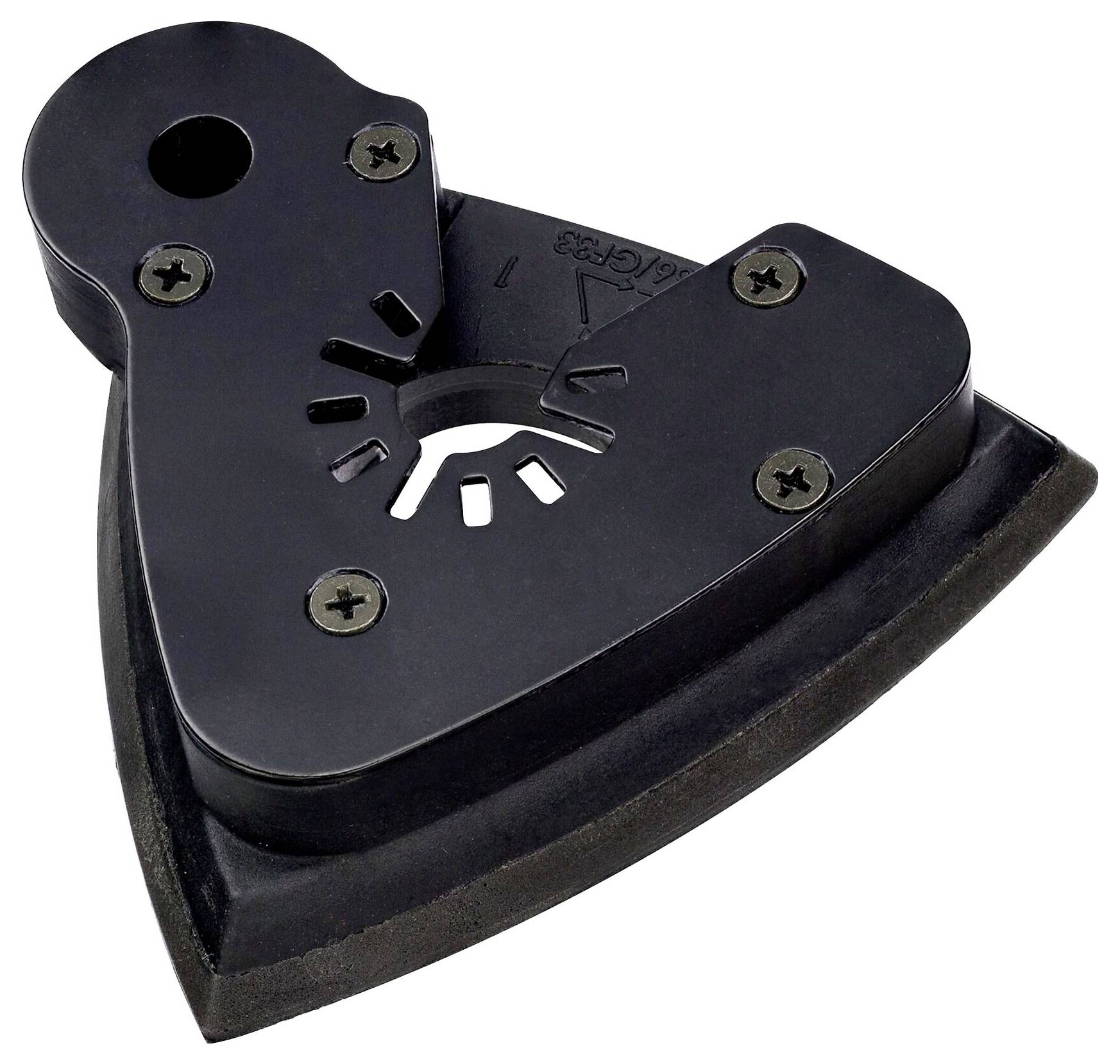 Čierne brúsne zariadenie v tvare trojuholníka s viacerými skrutkami. Používa sa na vyhladzovanie a úpravu povrchov.