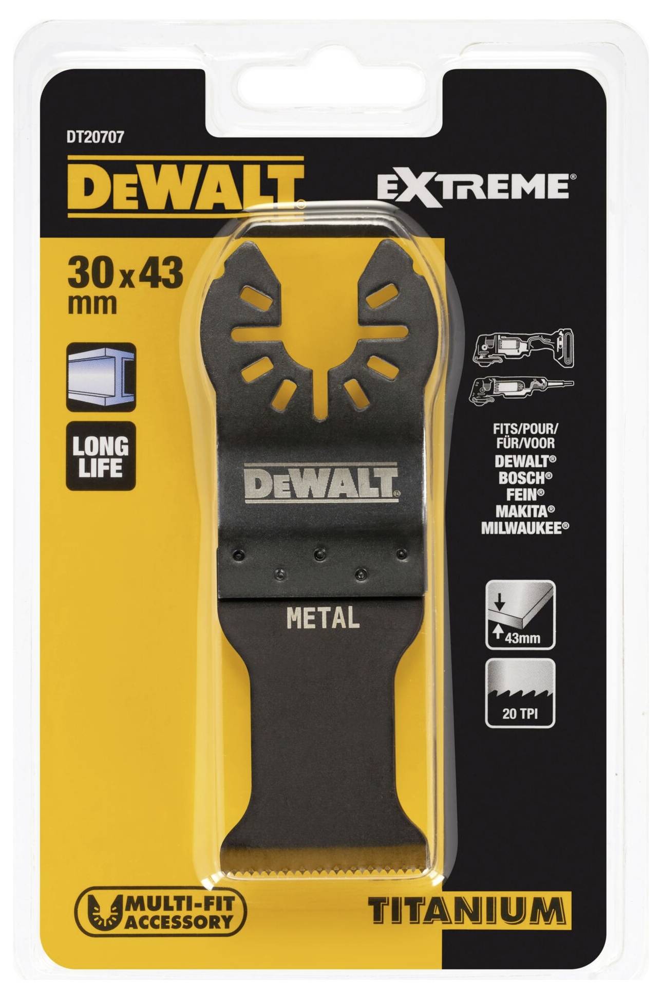 'DEWALT Extreme' kovový pílový list, 30x43 mm, pre Multi-Fit príslušenstvo, dlhodobo odolný, kompatibilný s Dewalt, Bosch, Fein, Makita, Milwaukee.