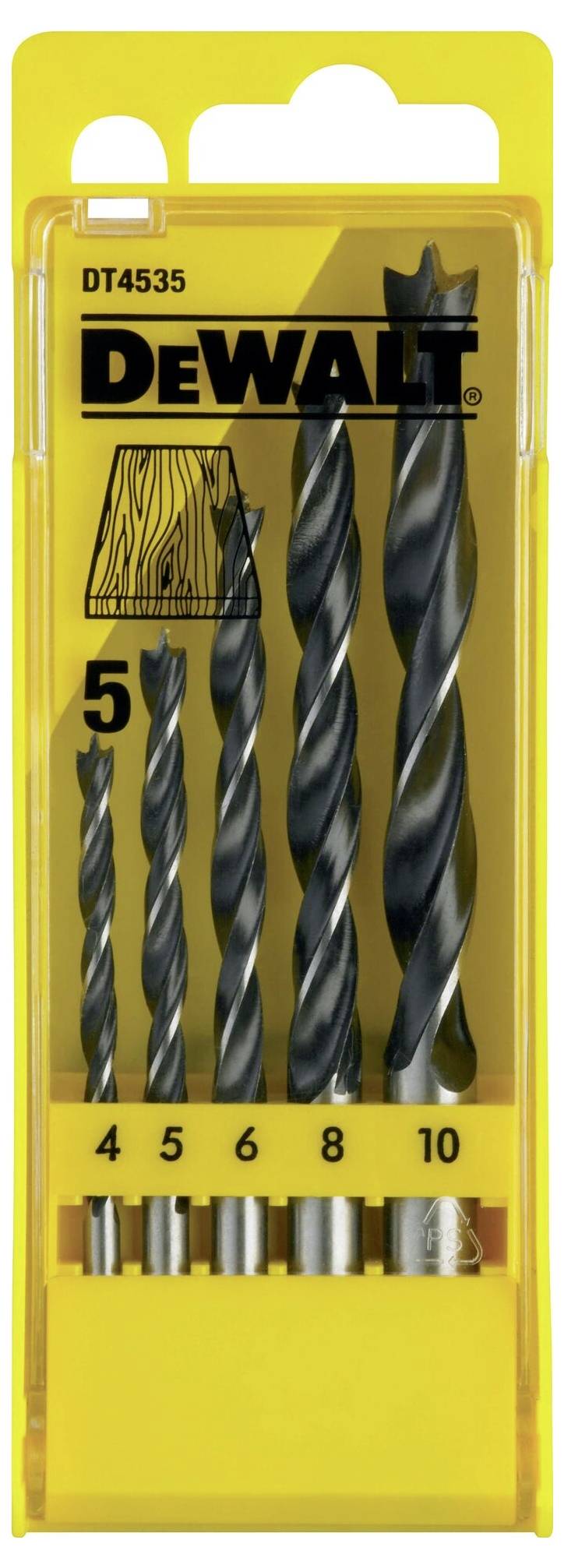 Náhradné vrtáky DeWalt, päť špirálových vrtákov od 4 do 10 mm v žltom balení. Ideálne pre prácu s drevom.